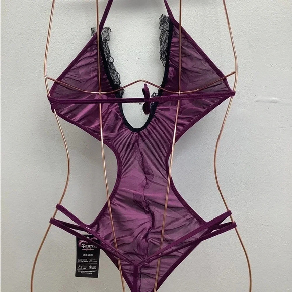 Purple One Piece Size S/M Satin & Lace Trim With Back & Neck Tie. New With Tags - Picture 3 of 3